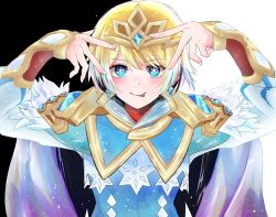 Rule 34 | 1girl, black background, blonde hair, blue eyes, cloak, double v, earrings, feather trim, fire emblem, fire emblem heroes, fjorm (fire emblem), highres, hoshino ai, hoshino ai&#039;s pose, jake brito, jewelry, looking at viewer, nintendo, pose imitation, short hair, smile, solo, sturm fe k11, takahashi rie, tiara, tongue, tongue out, two-tone background, upper body, v, voice actor connection, white background