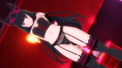 1girl 3d arm_behind_back black_hair black_panties blush bow bow_panties breasts choker corset garter_belt gate_-_jieitai_ka_no_chi_nite_kaku_tatakaeri gothic_lolita hair_ornament hairband highres indoors jet_mongallon_(pixiv41750243) lolita_fashion lolita_hairband long_hair looking_at_viewer looking_down navel panties red_eyes red_ribbon ribbon rory_mercury small_breasts smile solo thighhighs underwear vambraces very_long_hair