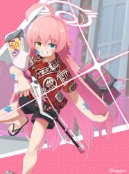 1girl absurdres ahoge black_shorts blue_archive blue_eyes datemegane flip-flops glint grin gun hair_between_eyes halo hawaiian_shirt highres holding holding_gun holding_weapon hoshino_(blue_archive) huge_ahoge long_hair looking_at_viewer paint_on_body paint_splatter paint_splatter_on_face pink_hair red_shirt sandals shirt shorts signature smile solo very_long_hair weapon yellow_eyes