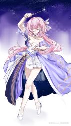 Rule 34 | 1girl, absurdres, ayu9914570, bow (music), breasts, cleavage, dress, elf, elysia (honkai impact), evening gown, full body, hair ornament, high heels, highres, holding, holding bow (music), honkai (series), honkai impact 3rd, long hair, official alternate costume, pink hair, pointy ears, smile, solo, very long hair, watermark, white dress