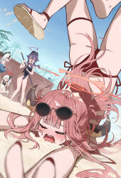 4girls :o absurdres alternate_costume aru_(blue_archive) ass beach bikini black_halo black_horns black_one-piece_swimsuit black_streaks blue_archive blurry blurry_foreground blush bright_pupils closed_mouth commentary_request curved_horns depth_of_field double-parted_bangs dutch_angle eyewear_on_head falling foreshortening gonggo grey_hair hair_between_eyes hair_spread_out halo haruka_(blue_archive) highres horns kayoko_(blue_archive) legs_up long_bangs long_hair multicolored_hair multiple_girls mutsuki_(blue_archive) no_pupils nose_blush one-piece_swimsuit open_mouth palm_tree parted_lips problem_solver_68_(blue_archive) purple_eyes purple_hair purple_halo raised_inner_eyebrows red_bikini red_eyes red_hair red_halo sand sandals side-tie_bikini_bottom side_ponytail sitting standing streaked_hair sunglasses surprised swimsuit tears thigh_strap tree twintails white_pupils worried