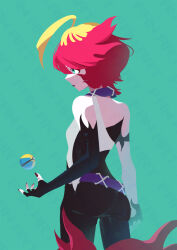Rule 34 | 1girl, ass, blonde hair, blue eyes, closed mouth, commentary request, green background, highres, mela (pokemon), multicolored hair, nail polish, nintendo, poke ball, pokemon, pokemon sv, quick ball, red hair, red nails, saotome (neptune 0416), solo, standing, tossing, two-tone hair