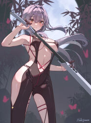 1girl armpits black_bodysuit bodysuit breasts center_opening clothing_cutout commentary_request cowboy_shot double-parted_bangs drawing_sword finger_cots floating_hair goddess_of_victory:_nikke grey_hair hair_between_eyes hair_intakes highres himeyamato holding holding_sheath holding_sword holding_weapon long_hair navel orange_eyes partially_undressed revision scarlet_(nikke) scarlet_(racer&#039;s_high)_(nikke) sheath sideless_outfit sword thigh_cutout underboob unsheathing very_long_hair weapon