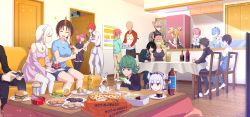 6+boys 6+girls :o ^_^ absurdres alcohol anger_vein apron bald beer black_dress black_gloves black_sclera black_tank_top black_thighhighs blue_eyes blue_hair blue_hoodie breasts burger cat character_request closed_eyes colored_sclera commentary controller cookie cooking crossover cup dragon_horns dress eating elf elma_(maidragon) emilia_(re:zero) english_commentary fafnir_(maidragon) flower food fubuki_(one-punch_man) genos gloves green_eyes green_hair hair_flower hair_ornament hair_over_one_eye highres holding holding_controller holding_plate hood hood_down hoodie horns ilulu_(maidragon) indoors kanna_kamui kobayashi-san_chi_no_maidragon kobayashi_(maidragon) large_breasts little_caesars lucoa_(maidragon) maid maid_apron maid_headdress multiple_boys multiple_girls natsuki_subaru on_chair one-punch_man out_of_frame pepsi pink_hair pizza pizza_box pizza_slice plastic_bottle plate pointy_ears puck_(re:zero) ram_(re:zero) rappa_(sirrappa) re:zero_kara_hajimeru_isekai_seikatsu red_hair red_wine refrigerator reinhard_van_astrea rem_(re:zero) roswaal_mansion_maid_uniform saitama_(one-punch_man) salad sausage shorts shouting single_horn sitting smile socks soda_bottle takiya_makoto takoyaki tank_top tatsumaki thighhighs tohru_(maidragon) whiskey white_flower white_hair white_thighhighs wine