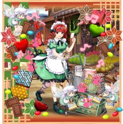 4girls :3 alternate_costume animal_ear_fluff animal_ears apron back_bow banana black_bow black_bowtie black_socks bow bowtie braid breasts building candy cat_ears cat_tail chocolate dress enmaided extra_ears fairy fairy_wings fish flying food food_packaging food_request fruit full_body game_cg green_dress green_shoes grey_hair hair_bow heart highres holding holding_paper huge_breasts kaenbyou_rin kaenbyou_rin_(palace_of_the_earth_spirits&#039;_pawsome_helper) leg_ribbon looking_at_viewer maid maid_headdress mary_janes multiple_girls multiple_tails musical_note name_tag nekomata official_art open_mouth outdoors paper puffy_short_sleeves puffy_sleeves red_eyes red_hair ribbon rotte_(1109) shoes shopping_cart short_hair short_sleeves smile socks tail third-party_source tomato touhou touhou_lostword transparent_background transparent_wings twin_braids two_tails waist_apron white_apron white_bow wings zombie_fairy_(touhou)
