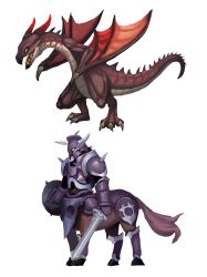 1boy absurdres ame_sagari armor centaur commentary_request dragon full_armor full_body helm helmet highres holding holding_shield holding_sword holding_weapon original shield simple_background sword taur weapon white_background