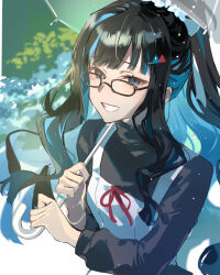 Rule 34 | 1girl, black hair, blue hair, breasts, colored inner hair, dress, eyeliner, fate/grand order, fate (series), glasses, grey eyes, grin, highres, long hair, long sleeves, looking at viewer, makeup, multicolored hair, ponytail, poppoman, revision, sidelocks, small breasts, smile, solo, tenochtitlan (fate), tenochtitlan (over the same sky) (fate), umbrella