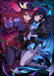 2girls blue_eyes blue_hair bodysuit covered_navel demon_girl demon_tail demon_wings duel_monster evil_twin_ki-sikil evil_twin_lil-la full_body grin high_heels highres ki-sikil_(yu-gi-oh!) lil-la_(yu-gi-oh!) live_twin_ki-sikil live_twin_lil-la looking_at_viewer multiple_girls nekohara_choco pantyhose red_hair smile tail thighs v wings yellow_eyes yu-gi-oh!