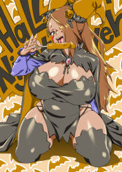 1girl 2024 akimichi_chouchou boruto:_naruto_next_generations breasts covered_erect_nipples dark-skinned_female dark_skin english_text female_focus food halloween ice_cream konakona large_breasts licking long_hair naruto_(series) smile solo text_focus translation_request
