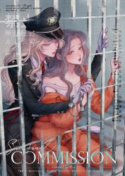 2girls absurdres adversarial_noise blonde_hair blush closed_mouth commentary_request commission copyright_request cuffed cuffs grey_hair handcuffs highres long_hair mixed-language_commentary multiple_girls open_mouth prison prison_cell prison_clothes sunkeezz thai_commentary yuri
