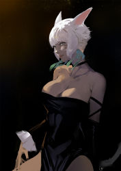 1girl animal_ears bare_shoulders black_dress breasts cat_ears cat_tail choker cleavage club3 dark-skinned_female dark_background dark_skin detached_sleeves dress facial_mark feather_hair_ornament feathers final_fantasy final_fantasy_xiv grey_eyes hair_ornament highres large_breasts looking_at_viewer miqo&#039;te short_hair solo strapless strapless_dress tail whisker_markings white_hair y&#039;shtola_rhul
