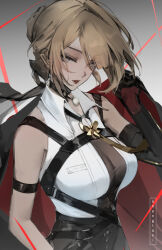 1girl arm_strap artist_name bare_shoulders black_pants blonde_hair breasts chest_harness cleavage collared_shirt commentary elbow_gloves evelyn_chevalier gloves harness high-waist_pants highres jacket jacket_on_shoulders large_breasts necktie pants parted_lips purple_eyes ring_hair_ornament see-through_cleavage see-through_clothes shengtaki shirt single_elbow_glove sleeveless sleeveless_shirt solo string tight_clothes tight_pants uneven_bangs white_shirt yellow_necktie zenless_zone_zero