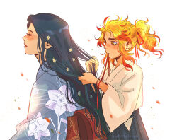 1boy 1girl andythelemon black_hair blonde_hair braiding_hair flower flower_on_head hairdressing kimetsu_no_yaiba long_hair mother_and_son multicolored_hair red_hair rengoku_kyoujurou rengoku_ruka two-tone_hair