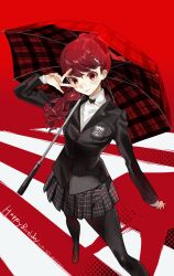 Rule 34 | 1girl, black jacket, black pantyhose, bow, full body, hair bow, hand up, happy birthday, highres, holding, holding umbrella, jacket, long hair, long sleeves, looking at viewer, meameeea, pantyhose, penny loafers, persona, persona 5, persona 5 the royal, plaid clothes, plaid skirt, pleated skirt, red background, red bow, red eyes, red hair, red shoes, red umbrella, school uniform, shoes, shuujin academy school uniform, skirt, smile, solo, standing, thighhighs, umbrella, v, v over eye, yoshizawa kasumi