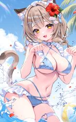 1girl absurdres animal_ears ball bare_shoulders beachball bikini blue_bikini braid breasts brown_hair cat_ears cat_girl cat_tail choker cleavage criss-cross_halter eneru_(enepuni) frilled_bikini frills halterneck hands_up heart highres large_breasts long_hair looking_at_viewer mole mole_on_breast mole_on_thigh multi-strapped_bikini_bottom navel open_mouth original paw_pose skindentation smile solo stomach string_bikini swimsuit tail thigh_strap twin_braids wading white_choker yellow_eyes
