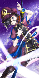 1girl absurdres belt_buckle black_boots black_dress black_hair black_thighhighs blue_eyes boots buckle buttons dated double-breasted dress eyepatch fate/grand_order fate_(series) frilled_dress frills gold_trim grin hair_ornament hat highres looking_at_viewer multicolored_hair mysterious_ranmaru_x_(fate) one_eye_covered purple_background red_dress red_hat red_streaks scabbard sharp_teeth sheath sheathed short_hair short_sleeves smile solo star_(sky) starry_sky_background streaked_hair sword teeth thighhighs tsukaasa weapon