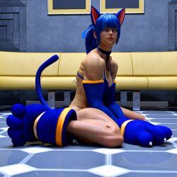 1girl animal_ears bikini blue_eyes blue_hair breasts cat cat_ears cat_girl cat_tail chair costume couch earrings female_focus fluffy gloves highres jewelry kazkazuma leona_heidern long_hair medium_breasts pale_skin sitting swimsuit tail the_king_of_fighters thighs
