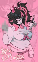Rule 34 | 1girl, andouilles (vtuber), black hair, breasts, cellphone, censored hands, colored skin, commentary, covered erect nipples, cropped torso, english commentary, flip phone, glasses, grey lips, grey skin, happy birthday, highres, holding, holding phone, horns, indie virtual youtuber, large breasts, long hair, looking at viewer, multicolored hair, navel, phone, pink background, pink eyes, pink horns, plump, semi-rimless eyewear, shirt, short sleeves, skreechur, solo, two-tone hair, under-rim eyewear, upper body, virtual youtuber, white shirt, zoom layer