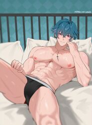 1boy abs aqua_background bara bed_sheet biceps black_male_underwear blue_hair blurry blush brant_(wuthering_waves) briefs bulge checkered_background chest_tattoo colored_pubic_hair crossed_bangs depth_of_field elbow_rest hair_between_eyes hand_on_own_thigh head_rest highres large_pectorals leg_up looking_at_viewer male_focus male_pubic_hair male_underwear multicolored_hair muscular muscular_male nipples paid_reward_available pectorals pillow pubic_hair purple_eyes purple_hair purple_streaks reclining shiny_skin short_hair smile solo streaked_hair tacet_mark_(wuthering_waves) tattoo topless_male underwear veins veiny_arms veiny_hands very_short_hair wuthering_waves yoma_0_0