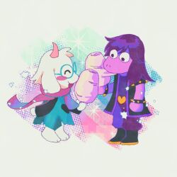 1girl armlet beryllium_game black_shoes blush bracelet cloak colored_skin commentary cotton_candy deltarune eating food furry furry_female furry_male glasses goat_boy green-framed_eyewear green_cloak hashtag-only_commentary holding holding_cotton_candy holding_food horns jewelry pink_horns pink_scarf purple_hair purple_skin ralsei reptile_girl round_eyewear scarf shoes spiked_armlet spiked_bracelet spikes susie_(dark_world)_(deltarune) susie_(deltarune)