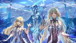2girls absurdres barbed_wire bare_shoulders black_collar black_dress blonde_hair blue_eyes blue_hair blue_hands breasts cartethyia_(wuthering_waves) closed_mouth collar colored_inner_hair commentary cowboy_shot crown_of_thorns dress dual_persona fleurdelys_(wuthering_waves) hand_up highres horns jewelry large_breasts long_hair long_horns looking_at_object medium_breasts multicolored_hair multiple_girls necklace parted_bangs reaching single_horn sword tabard tacet_mark_(wuthering_waves) very_long_hair weapon white_tabard wuthering_waves yellow_horns yilubixi