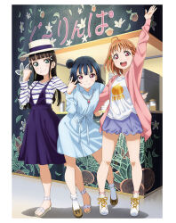 3girls ahoge aqua_eyes artbook black_hair blue_dress blue_hair dress hair_bun hair_ornament hat highres jewelry kurosawa_dia long_hair looking_at_viewer love_live! love_live!_sunshine!! mole mole_under_mouth multiple_girls necklace non-web_source official_art open_mouth orange_hair purple_skirt red_eyes sandals shirt short_hair shorts single_hair_bun skirt smile socks striped_clothes striped_shirt takami_chika tsushima_yoshiko