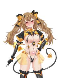 Rule 34 | 1girl, absurdres, areola slip, black gloves, black thighhighs, blush, bow, breasts, brown hair, corruption, covered erect nipples, dark persona, demon tail, elbow gloves, frills, gears, girls&#039; frontline, gloves, hair bow, hand on own hip, heart, highres, large breasts, logia13laplace, long hair, looking at viewer, navel, one-piece swimsuit, pubic tattoo, puffy short sleeves, puffy sleeves, red eyes, short sleeves, simple background, skirt, slave, slingshot swimsuit, smile, solo, swimsuit, tail, tattoo, thighhighs, transparent background, ts magical girl nao, twintails, ump9 (girls&#039; frontline), variant set, wings