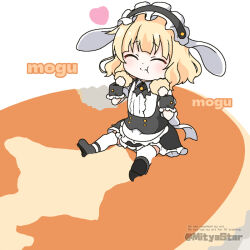 Rule 34 | 1girl, :t, apron, black dress, black hairband, black shoes, black skirt, blonde hair, closed eyes, closed mouth, commentary request, dress, eating, employee uniform, english text, facing viewer, fleur de lapin uniform, food, frilled hairband, frilled skirt, frills, gochuumon wa usagi desu ka?, hairband, hands up, heart, holding, holding food, kirima syaro, maid, maid headdress, medium hair, mitya, puffy short sleeves, puffy sleeves, revision, romaji text, shirt, shoe soles, shoes, short sleeves, sitting, skirt, solo, thighhighs, twitter username, waist apron, waitress, watermark, white apron, white background, white shirt, white thighhighs, wrist cuffs