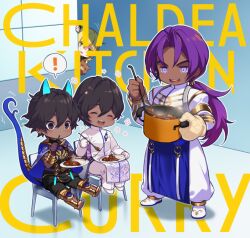 ! 4boys animal_ear_fluff arjuna_(fate) arjuna_alter_(fate) armor bear bhima_(fate) black_hair blonde_hair blush chair chibi closed_eyes cooking_pot curry dark-skinned_male dark_skin deformed english_text fate/grand_order fate_(series) food green_eyes holding honda_tamanosuke jason_(fate) ladle long_hair male_focus multiple_boys open_mouth orion_(bear)_(fate) oven_mitts ponytail purple_eyes purple_hair simple_background sitting spoken_exclamation_mark standing sweat tail