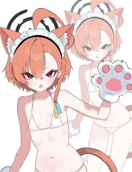 1girl ahoge animal_ear_fluff animal_ears animal_hands bikini black_halo blue_archive blush braid cameltoe cat_ears cat_tail fang flat_chest gloves groin hair_between_eyes halo highres huge_ahoge loli looking_at_viewer maid_headdress multiple_views navel neru_(blue_archive) open_mouth orange_hair paw_gloves peacem4ker red_eyes short_hair side_braid simple_background single_braid skin_fang string_bikini sweatdrop swimsuit tail white_background white_bikini zoom_layer