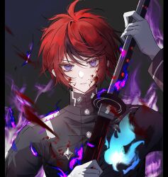 1boy black_hair black_jacket blood blood_on_face buttons closed_mouth fire gloves hashtag-only_commentary highres holding holding_sword holding_weapon jacket last_defense_academy_school_uniform long_sleeves looking_at_viewer male_focus multicolored_hair pillarboxed purple_eyes purple_fire rakuraku_(rakuraku) red_hair school_uniform short_hair solo streaked_hair sumino_takumi sword the_hundred_line_-last_defense_academy- tsurime two-tone_hair upper_body v-shaped_eyebrows weapon white_gloves