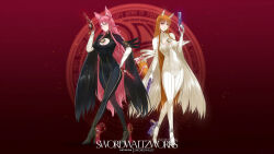 Rule 34 | 2girls, alternate costume, animal ear fluff, animal ears, bayonetta, bayonetta (series), black bodysuit, blazblue, bodysuit, breasts, brown hair, cameltoe, cleavage cutout, clothing cutout, commission, cosplay, covered navel, dual wielding, full body, glasses, gloves, gun, high heels, highres, holding, holding gun, holding weapon, holo, kokonoe (blazblue), large breasts, light blush, long hair, multiple girls, pink hair, red background, red eyes, skin tight, spice and wolf, swordwaltz, tail, thighs, very long hair, weapon, white bodysuit, white gloves, wide sleeves, wolf ears, wolf girl, wolf tail