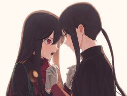 1boy 1girl backlighting black_cape black_jacket blush brother_and_sister brown_hair cape closed_mouth fate/grand_order fate_(series) forehead-to-forehead gloves grey_gloves hair_between_eyes half-closed_eyes hands_up happy heads_together hetero high_collar holding_hands incest interlocked_fingers jacket lone_nape_hair long_hair long_sleeves looking_at_another looking_up low_ponytail medallion military_jacket military_uniform oda_nobukatsu_(fate) oda_nobunaga_(fate) oda_uri open_mouth ponytail red_cape red_eyes red_jacket siblings sidelocks sweatdrop twitter_username v-shaped_eyebrows yellow_background yzrh0