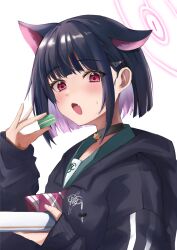1girl animal_ears black_choker black_hair black_hoodie black_jacket blue_archive cat_ears choker colored_inner_hair eating extra_ears food geco_gecko green_sailor_collar hair_ornament hairclip halo highres hood hooded_jacket hoodie jacket kazusa_(blue_archive) macaron multicolored_hair neckerchief pink_eyes pink_hair pink_neckerchief sailor_collar school_uniform short_hair solo trinity_general_school_logo two-tone_hair