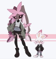 1boy 1girl :p alternate_color animal_ears animal_hands animal_nose black_footwear black_jacket black_sclera blush brown_fur cardigan clothed_pokemon colored_sclera denim denim_shorts earrings full_body furry furry_female gen_4_pokemon gen_8_pokemon green_cardigan grey_shirt highres jacket jeans jewelry looking_at_viewer lopunny masayo_(skip) mega_lopunny mega_pokemon nintendo pants pantyhose pink_eyes pokemon pokemon_(creature) rabbit_ears rabbit_girl rabbit_tail red_eyes red_fur scorbunny shiny_pokemon shirt shorts simple_background standing tail tongue tongue_out torn_clothes torn_pantyhose white_background white_footwear white_fur white_shirt