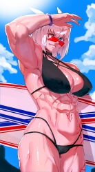 1girl abs absurdres animal_ears bare_shoulders biceps bikini black_bikini blue_eyes blue_sky body_markings bracelet breasts caenis_(fate) caenis_(swimsuit_rider)_(fate) caenis_(swimsuit_rider)_(first_ascension)_(fate) cleavage collarbone dark-skinned_female dark_skin fate/grand_order fate_(series) grin hairband highres jewelry large_breasts looking_at_viewer minew muscular muscular_female navel one_eye_closed short_hair sky smile solo sunglasses surfboard swimsuit thick_thighs thighs white_hair