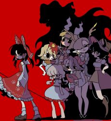 6+girls animal animal_ears animal_on_head antlers armor ascot baby_animal bandana bare_shoulders barefoot belt bird bird_on_head black_eyes black_hair black_shoes blonde_hair blue_shirt blunt_bangs blunt_ends blush boots bow bowtie breasts brown_boots brown_capelet brown_hat brown_shoes capelet chick clenched_hand closed_mouth collarbone cow_ears cow_girl cow_horns cowboy_hat detached_sleeves double_bun dragon_girl dragon_tail dress ebisu_eika frills from_side full_body gohei grey_hair hair_bow hair_bun hair_ornament hair_over_one_eye hair_ribbon hair_tubes hakurei_reimu half-closed_eyes hand_on_own_hip haniwa_kue haniyasushin_keiki hat headscarf heterochromia high_ponytail highres holding holding_gohei holding_sword holding_weapon horns horse_ears horse_girl japanese_armor joutouguu_mayumi kicchou_yachie kote kurokoma_saki kurokote large_breasts long_hair long_sleeves looking_at_another looking_at_viewer low_twintails multicolored_dress multicolored_hair multiple_girls niwatari_kutaka no_wings nontraditional_miko off-shoulder_dress off_shoulder on_head open_mouth parted_bangs paw_print pinafore_dress pink_dress pointy_ears ponytail puffy_short_sleeves puffy_sleeves purple_belt purple_bow purple_bowtie red_ascot red_background red_bow red_eyes red_hair red_shirt red_skirt ribbon shadow shirt shoes short_hair short_sleeves shorts silhouette simple_background skirt skirt_set sleeveless sleeveless_dress sleeveless_shirt smile socks sports_bra standing statue sword tail touhou turtle_shell twintails two-tone_hair ushizaki_urumi v-shaped_eyebrows wavy_hair weapon white_bandana white_bow white_dress white_ribbon white_shirt white_sleeves white_socks wide_sleeves wily_beast_and_weakest_creature yellow_dress yellow_shorts yellow_sports_bra