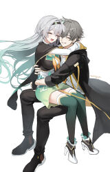absurdres aqua_skirt aqua_thighhighs black_coat black_hairband caelus_(honkai:_star_rail) coat fingerless_gloves firefly_(honkai:_star_rail) gloves grey_hair hairband highres honkai:_star_rail honkai_(series) hood hooded_coat meoyo simple_background skirt thighhighs trailblazer_(honkai:_star_rail) two-sided_coat two-sided_fabric white_background yellow_coat