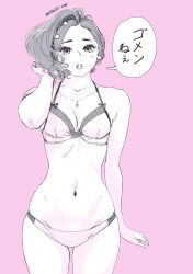 1girl bow bow_bra bra breasts carina_(xiaowoo) character_name collarbone greyscale_with_colored_background highres jewelry kishi_mieko looking_at_viewer monochrome navel necklace onna_shunin_kishi_mieko panties pink_background short_hair solo speech_bubble standing underwear underwear_only