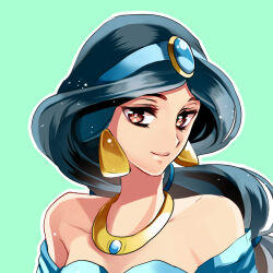 Rule 34 | 1girl, aladdin (movie), animification, black hair, blue shirt, commentary request, dark-skinned female, dark skin, earrings, gem, hair ornament, jasmine (disney), jewelry, jitome, kurabayashi, multi-tied hair, necklace, off-shoulder shirt, off shoulder, shirt, smile, solo