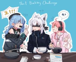 3girls ? ?? ahoge anger_vein animal_ear_fluff animal_ears baking beret black_blindfold black_headphones blindfold blue_background blue_eyes blue_hair bowl fox_ears fox_girl gag green_eyes hanbaagaakunkan hat highres holding holding_bowl hololive hoshimachi_suisei hoshimachi_suisei_(casual) improvised_gag jacket looking_at_another multiple_girls official_alternate_costume open_clothes open_jacket orange_nails pink_hair sakura_miko sakura_miko_(school_uniform) shirakami_fubuki shirakami_fubuki_(loungewear) sweatdrop tape tape_gag three_monkeys virtual_youtuber