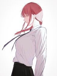 1girl absurdres black_necktie black_pants chainsaw_man closed_mouth collared_shirt commentary_request from_side highres long_hair makima_(chainsaw_man) nabe92213 necktie pants red_hair ringed_eyes shirt shirt_tucked_in simple_background solo white_background white_shirt yellow_eyes