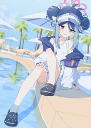 1girl absurdres anleewind antenna_hair bare_legs bare_shoulders blue_archive blue_hair blush breasts collarbone covered_navel crocs double_bun fubuki_(blue_archive) fubuki_(swimsuit)_(blue_archive) full_body hair_bun halo highres jacket long_sleeves multicolored_hair off_shoulder one-piece_swimsuit open_clothes open_jacket pink_eyes pink_halo pool red_eyes school_swimsuit sidelocks small_breasts solo swimsuit two-tone_hair visor_cap whistle whistle_around_neck white_jacket white_one-piece_swimsuit