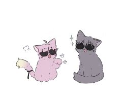 ahoge animal_focus animal_with_hair animalization anyoji_hime black_ribbon cat commentary_request full_body gradient_tail grey_cat hair_ornament katsuragi_izumi link!_like!_love_live! love_live! multiple_cats no_humans pink_cat ribbon simple_background sitting sunglasses tail tail_ornament tail_ribbon triangle_hair_ornament v-shaped_eyebrows virtual_youtuber white_background zueka27