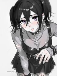 1girl black_collar black_dress black_hair black_nails blue_eyes breasts cleavage collar cross cross_earrings cross_necklace dress earrings fishnets grey_sweater hair_between_eyes harutoyumaarts jewelry looking_at_viewer medium_breasts mikasa_ackerman nail_polish necklace parted_lips shingeki_no_kyojin short_hair simple_background solo spiked_collar spikes strapless strapless_dress sweater sweater_under_dress torn_clothes torn_sweater twintails twitter_username white_background