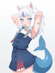 Rule 34 | 1girl, absurdres, adjusting hair, animal ears, arms behind head, arms up, bandaid, bandaid on arm, blue eyes, blue hair, blue overalls, blush, cat ears, cube hair ornament, fins, fish tail, gawr gura, gawr gura (casual), hair ornament, highres, hololive, hololive english, looking at viewer, medium hair, mingkozus, mouth hold, multicolored hair, official alternate costume, overalls, shark girl, shark tail, shirt, solo, streaked hair, tail, virtual youtuber, white background, white hair, white shirt