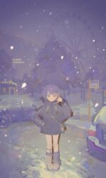 1girl absurdres amusement_park animal animal_on_shoulder bag bird bird_on_shoulder black_jacket blue_eyes boots brown_boots car closed_mouth commission earrings ferris_wheel hand_in_pocket hand_up highres jacket jewelry knee_boots legs_together long_sleeves looking_at_viewer motor_vehicle night original outdoors pill_hair_ornament purple_hair road_sign shaka_sign short_hair shoulder_bag sign single_leg_warmer snow snowing solo standing straight-on tree wide_shot yaungpeng