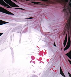 Rule 34 | 1boy, black background, blood, blood on clothes, chinese commentary, chromatic aberration, commentary request, curtained hair, dutch angle, hair over one eye, hand on own chest, hatsutori hajime, highres, jacket, light particles, lllzlllz, long hair, long sleeves, male focus, parted bangs, pink hair, red eyes, saibou shinkyoku, smile, solo, upper body, white jacket