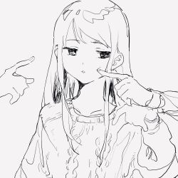 3girls aikatsu! aikatsu!_(series) bad_id bad_twitter_id cheek_poking finger_to_another&#039;s_cheek greyscale hand_up highres hoshimiya_ichigo inactive_account kiriya_aoi long_hair long_sleeves monochrome multiple_girls out_of_frame poking shibuki_ran simple_background solo_focus suiso_(owp) sweater upper_body