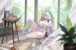 1girl absurdres ahoge apron arm_under_breasts azur_lane bare_shoulders blush breasts cleavage closed_mouth commission cup food fork frilled_straps fruit_tart glass_door highres holding holding_fork illustrious_(azur_lane) illustrious_(sweet_afternoon_teatime)_(azur_lane) indoors knee_up large_breasts long_hair looking_at_viewer low_twintails manjuu_(azur_lane) naked_apron off_shoulder official_alternate_costume plant potted_plant round_table skindentation sliding_doors smile spilled_milk strawberry_tart table tart_(food) teacup teapot thick_thighs thighhighs thighs tray triangle_mouth twintails very_long_hair white_apron white_hair white_thighhighs wooden_table yoyoleaf